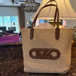 Michael Kors Beige and Brown Straw Tote